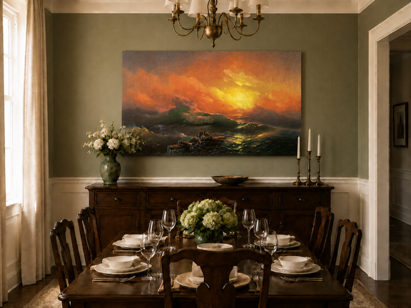 Hand-painted stormy sea with raft at sunset landscape oil painting displayed in a dining room interior.