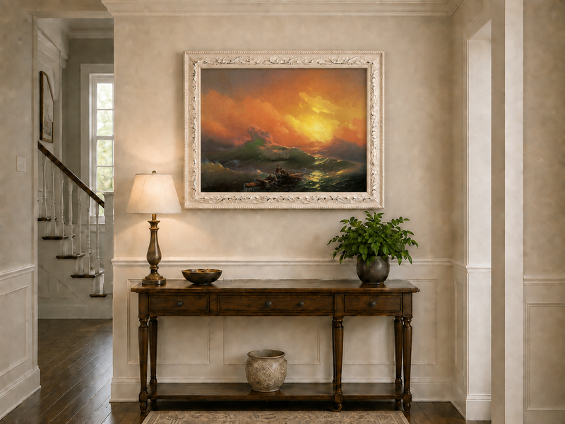 Hand-painted stormy sea with raft at sunset landscape oil painting displayed above a console table in a hallway interior.