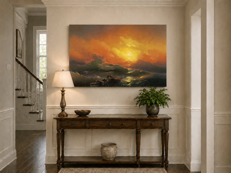 Hand-painted stormy sea with raft at sunset landscape oil painting displayed above a console table in a hallway interior.