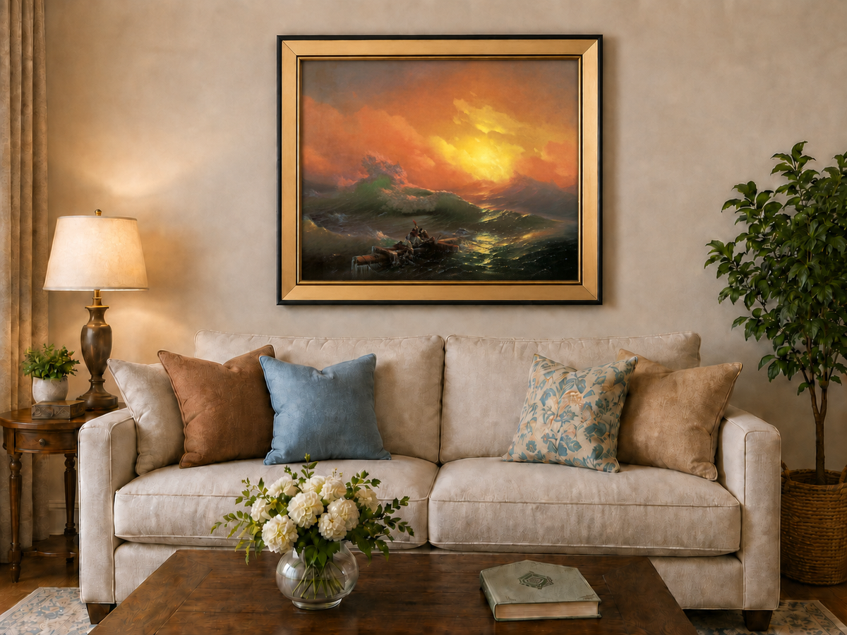 Hand-painted stormy sea with raft at sunset landscape oil painting displayed above a sofa in a living room interior.