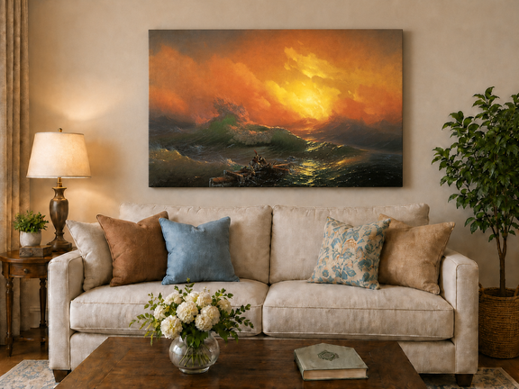 Hand-painted stormy sea with raft at sunset landscape oil painting displayed above a sofa in a living room interior.