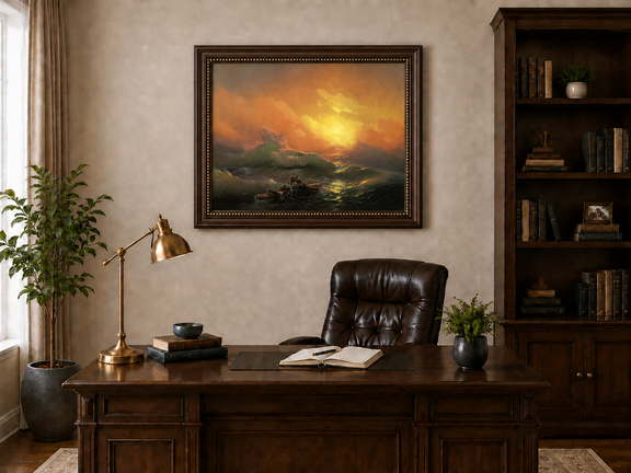 Hand-painted stormy sea with raft at sunset landscape oil painting displayed above a desk in a home office interior.