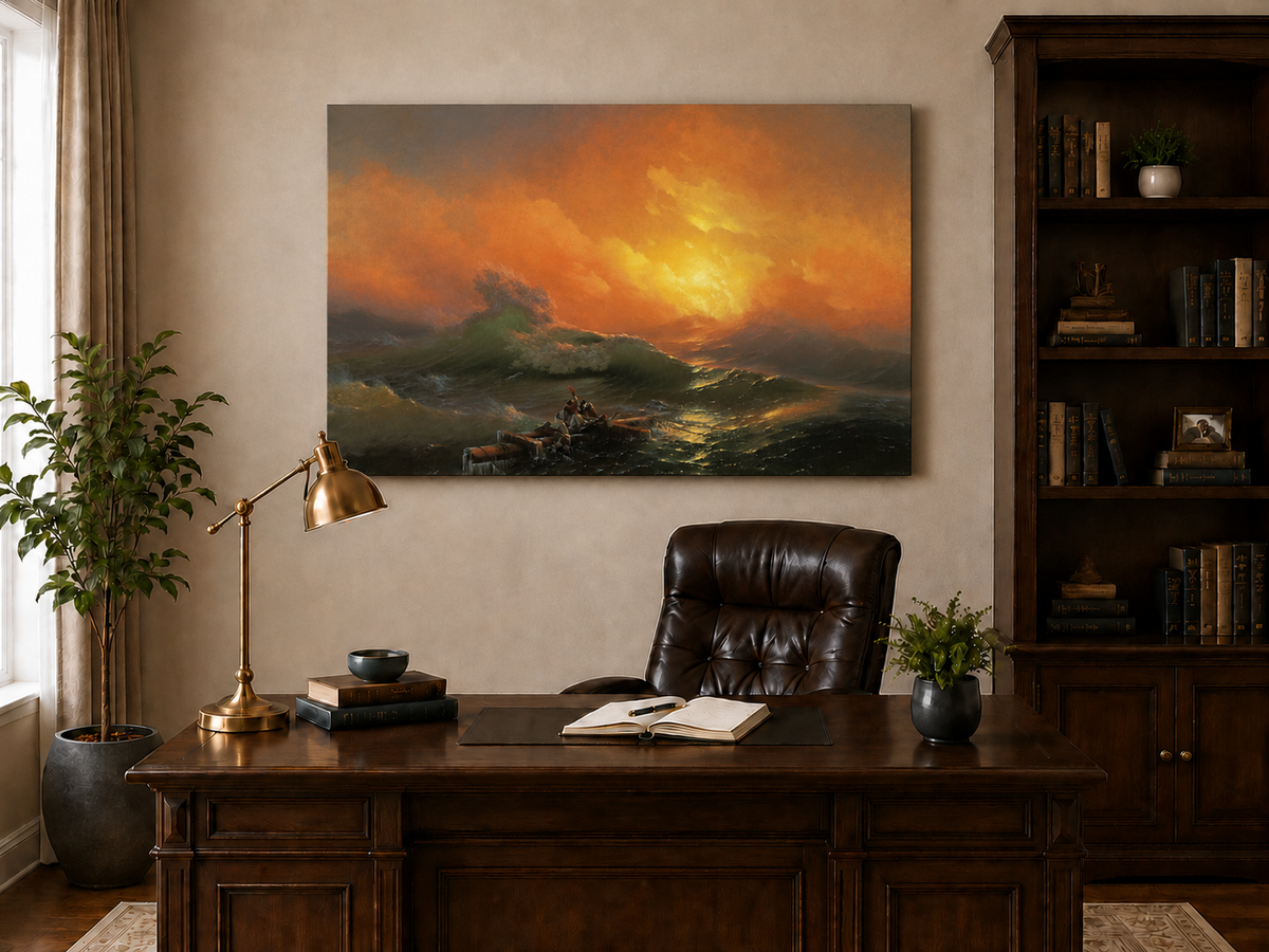 Hand-painted stormy sea with raft at sunset landscape oil painting displayed above a desk in a home office interior.