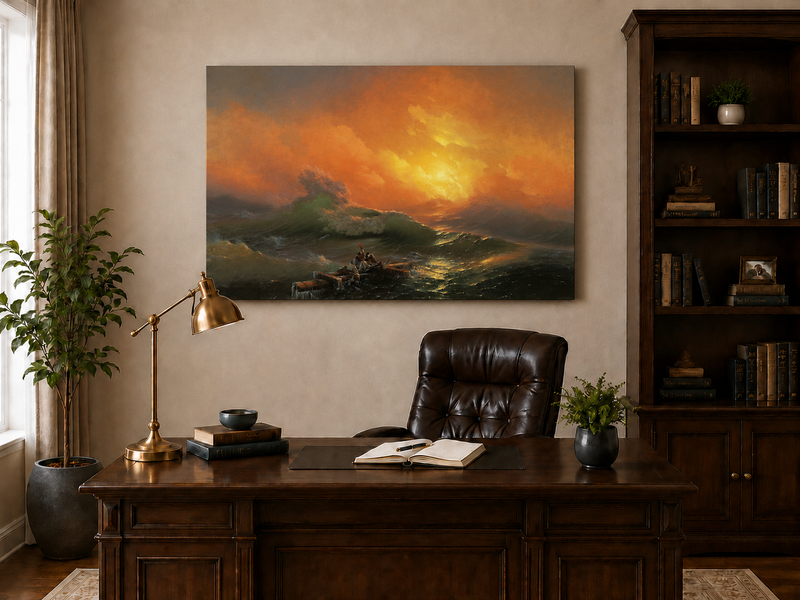 Hand-painted stormy sea with raft at sunset landscape oil painting displayed above a desk in a home office interior.