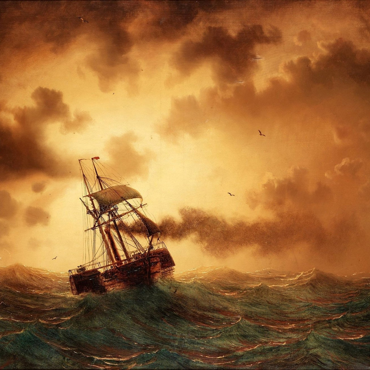 Hand-painted stormy sea ship at sunset nautical oil painting on canvas