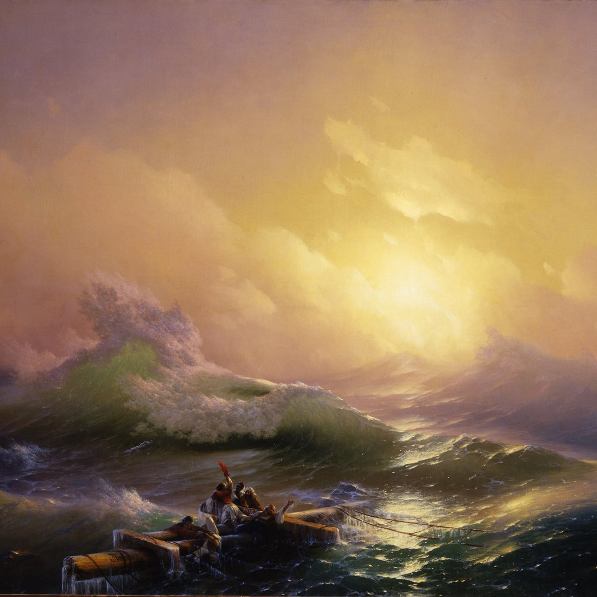 Stormy Sea with Raft at Sunset – Landscape Oil Painting - Oil Painting Haven