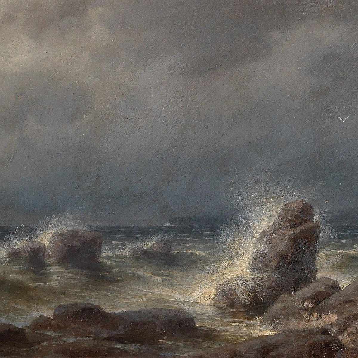 Hand-painted stormy sea with waves and rocks landscape oil painting on canvas