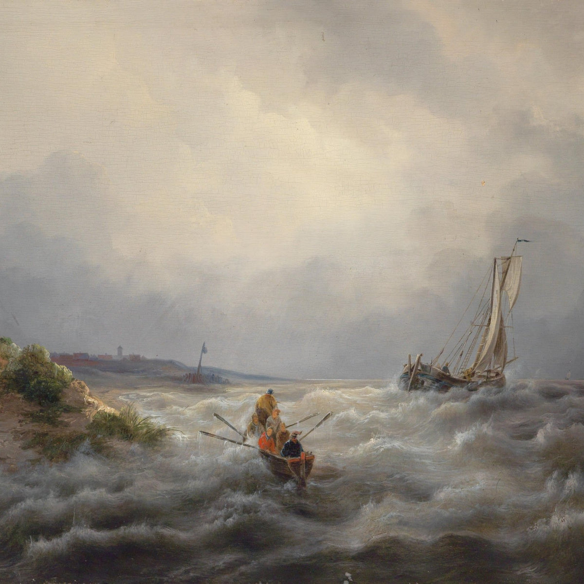 Hand-painted stormy shore rescue at sea nautical oil painting on canvas