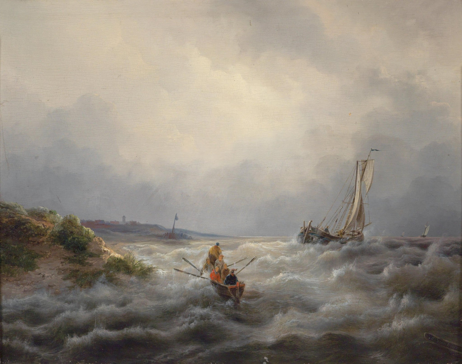 Hand-painted stormy shore rescue at sea nautical oil painting on canvas