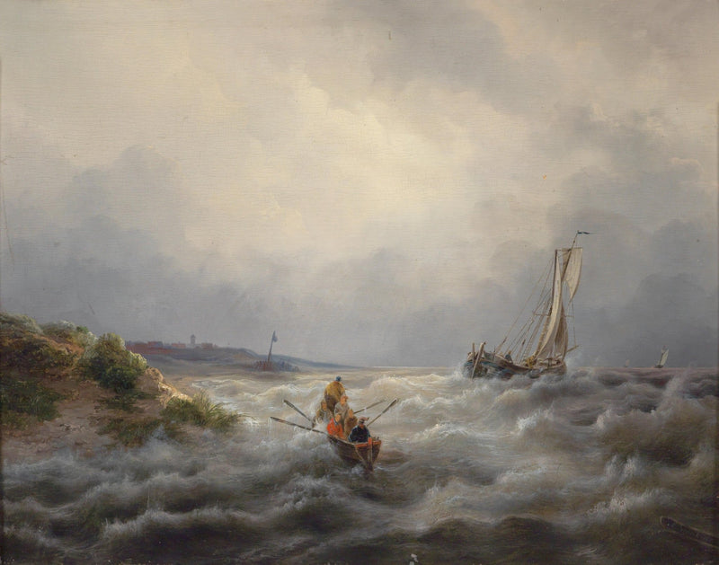 Hand-painted stormy shore rescue at sea nautical oil painting on canvas