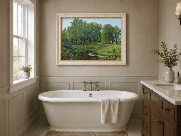 Framed hand-painted summer forest oil painting with a river, path and lush green trees displayed above a freestanding bathtub.