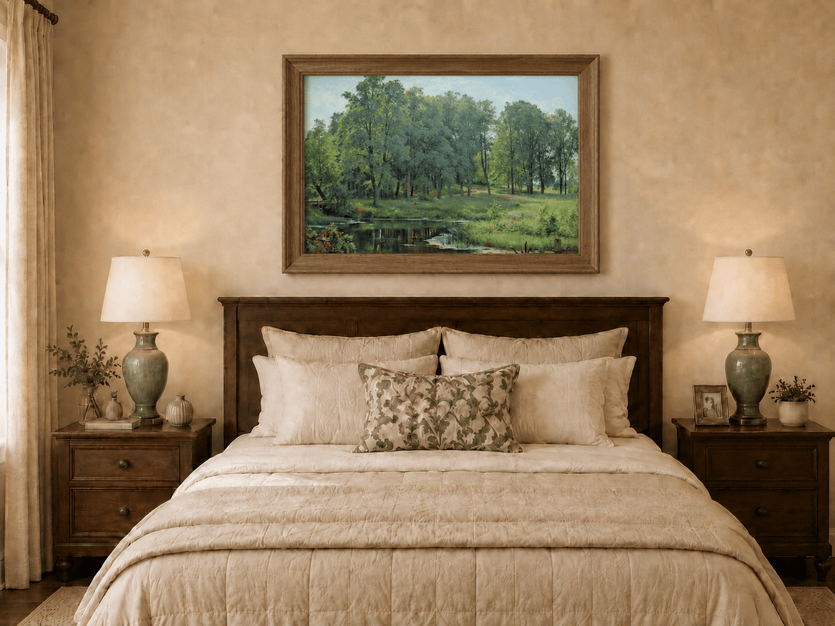Framed hand-painted summer forest oil painting with a river, path and lush green trees displayed above a wooden bed in a neutral bedroom.