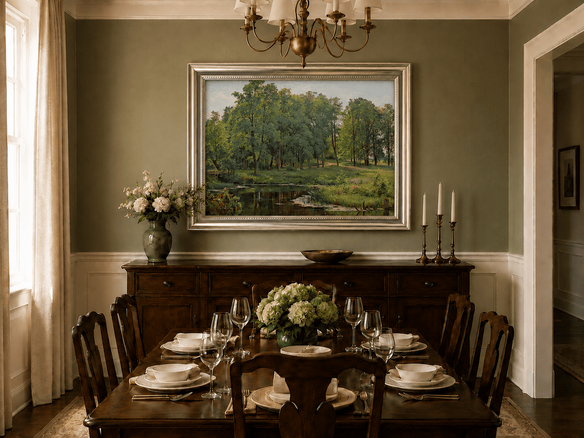 Framed hand-painted summer forest oil painting with a river, path and lush green trees displayed above a formal dining table.