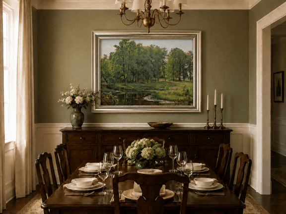 Framed hand-painted summer forest oil painting with a river, path and lush green trees displayed above a formal dining table.