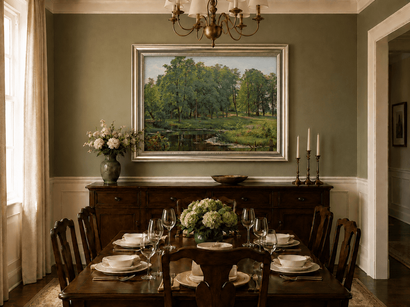 Framed hand-painted summer forest oil painting with a river, path and lush green trees displayed above a formal dining table.