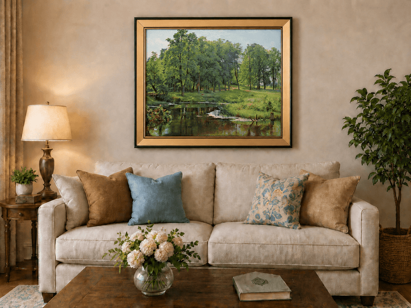Framed hand-painted summer forest oil painting with a river, path and lush green trees displayed above a neutral living room sofa.