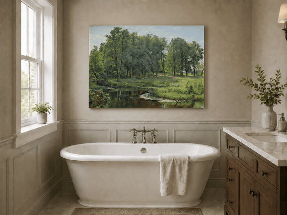 Unframed hand-painted summer forest oil painting with a river, path and lush green trees displayed above a freestanding bathtub.