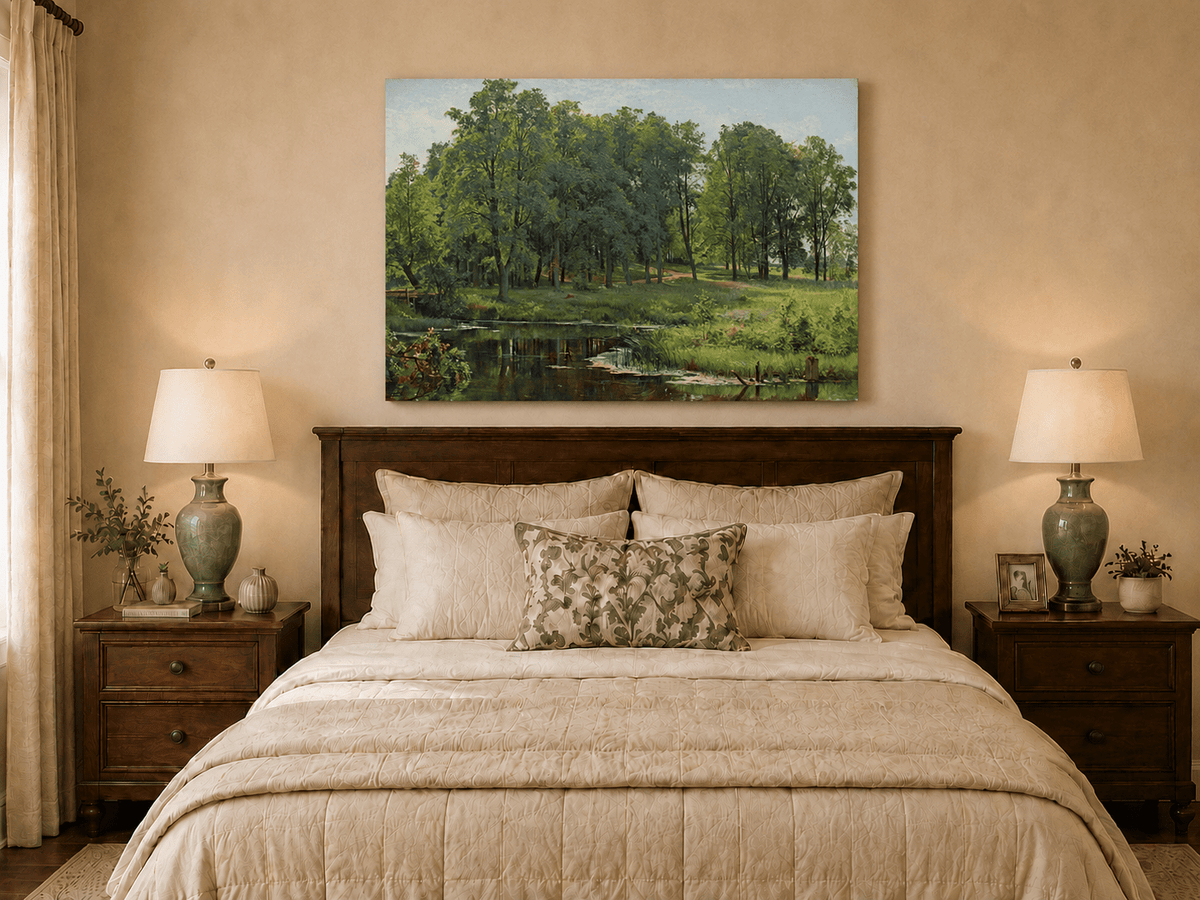 Unframed hand-painted summer forest oil painting with a river, path and lush green trees displayed above a wooden bed in a neutral bedroom.