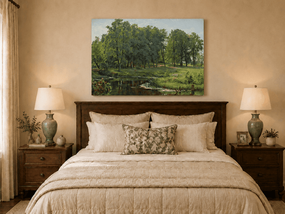 Unframed hand-painted summer forest oil painting with a river, path and lush green trees displayed above a wooden bed in a neutral bedroom.