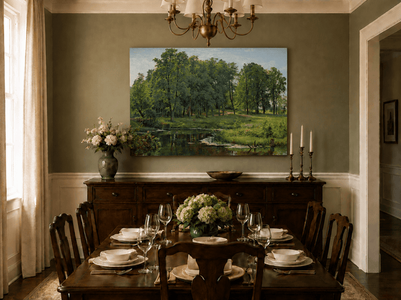 Unframed hand-painted summer forest oil painting with a river, path and lush green trees displayed above a formal dining table.