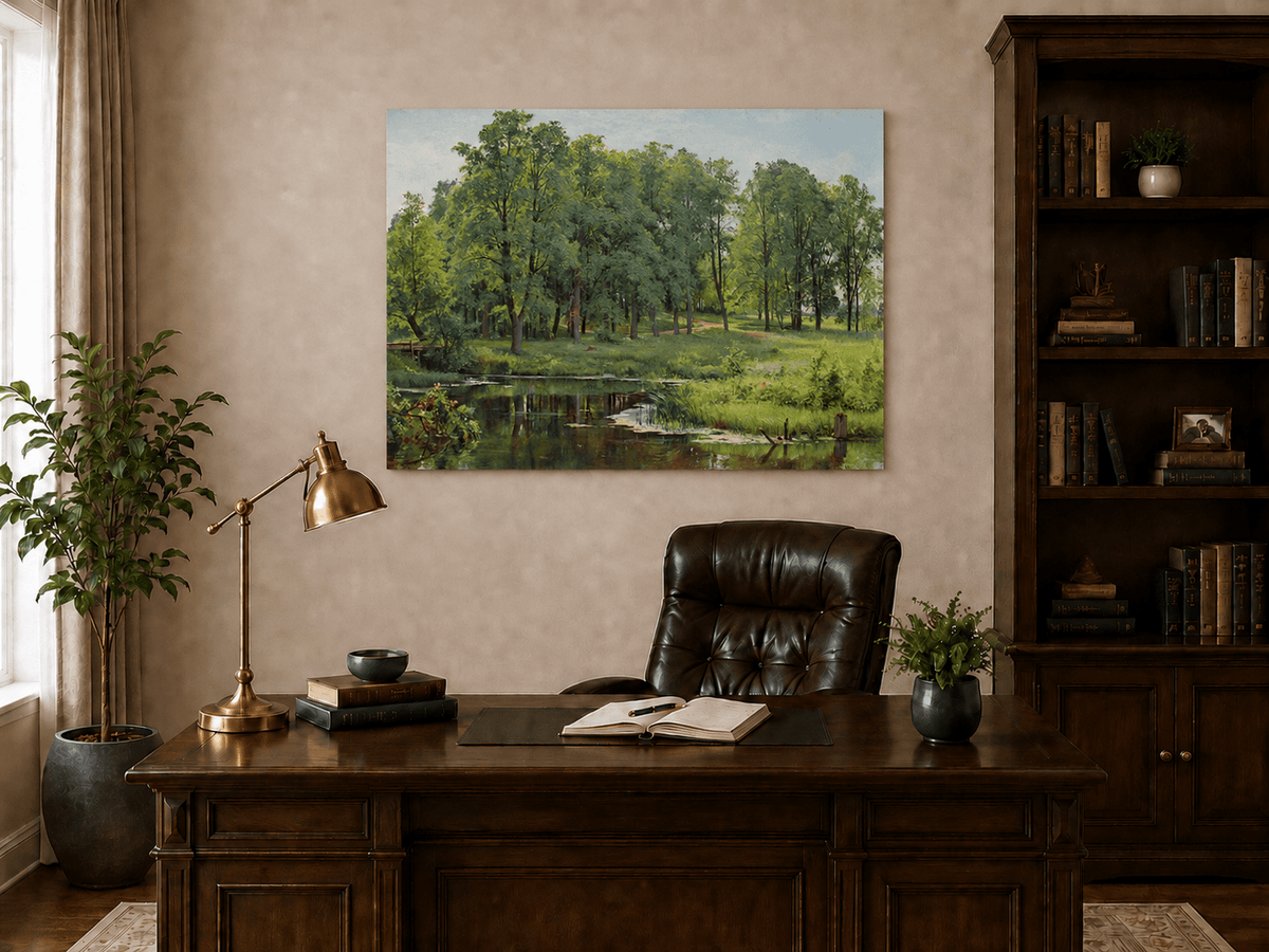 Unframed hand-painted summer forest oil painting with a river, path and lush green trees displayed above a traditional home office desk.