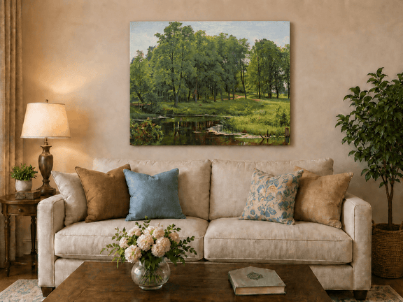 Unframed hand-painted summer forest oil painting with a river, path and lush green trees displayed above a neutral living room sofa.