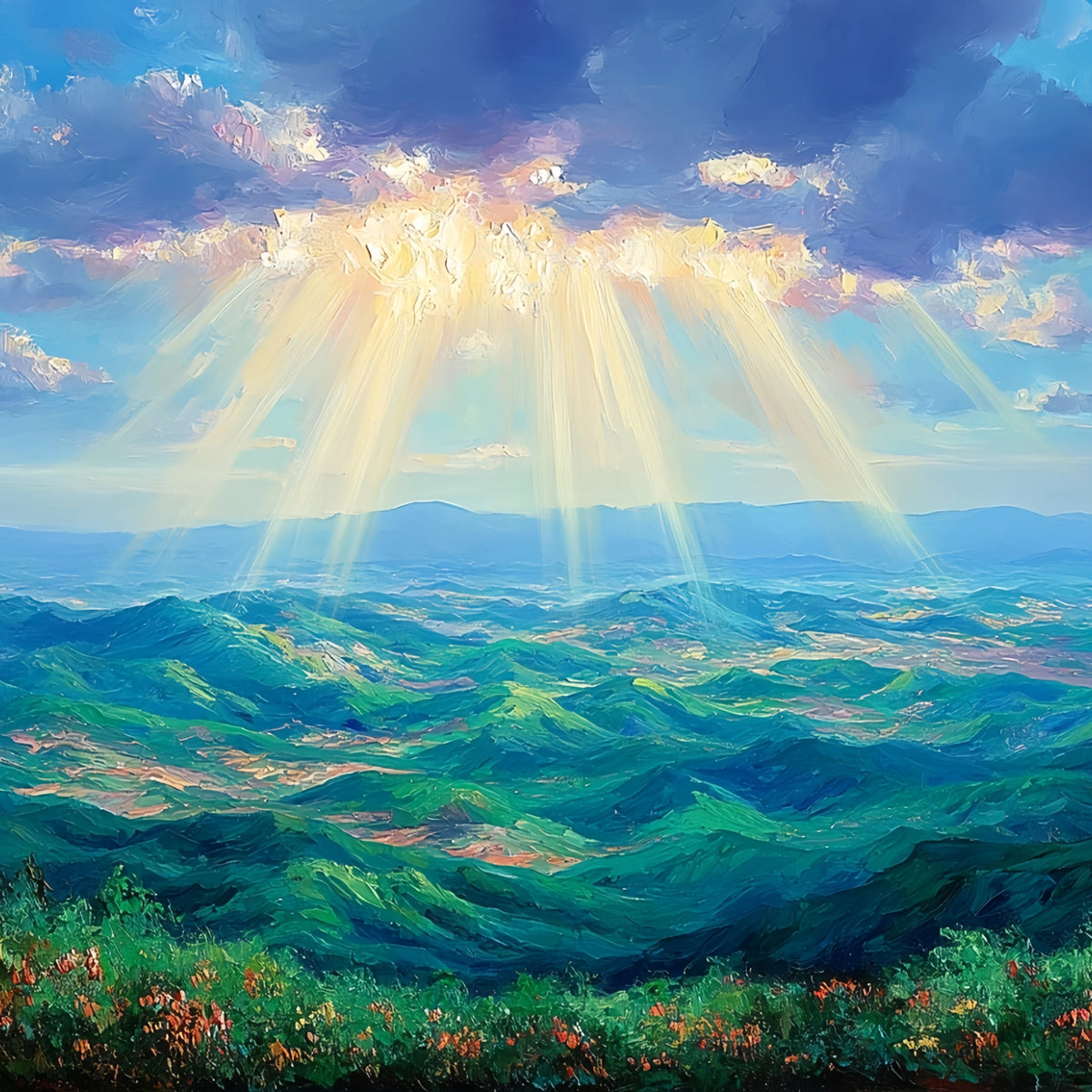 Sunbeams Mountain Range Original Oil Painting For Sale - Oil Painting Haven