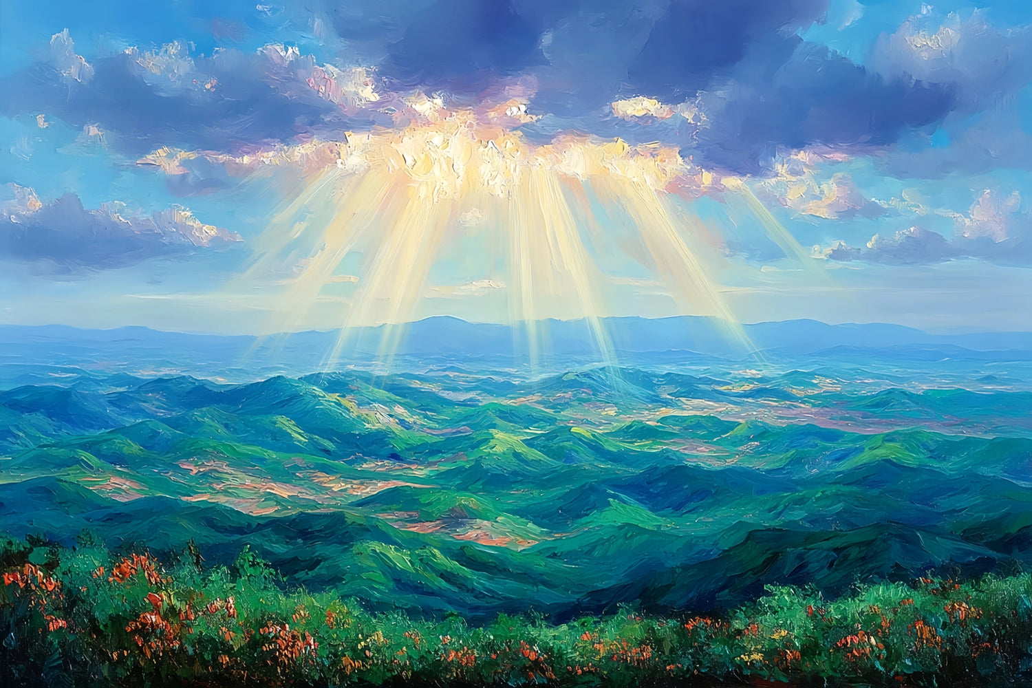 Sunbeams Mountain Range Original Oil Painting For Sale - Oil Painting Haven