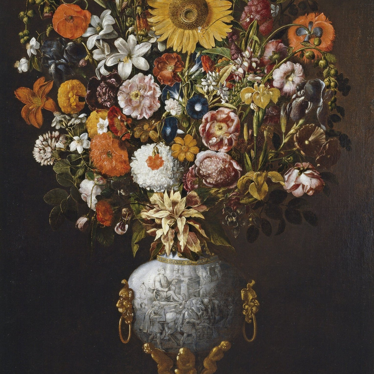 Sunflower and Dutch Floral Bouquet in Ornate Vase – Floral Oil Painting - Oil Painting Haven