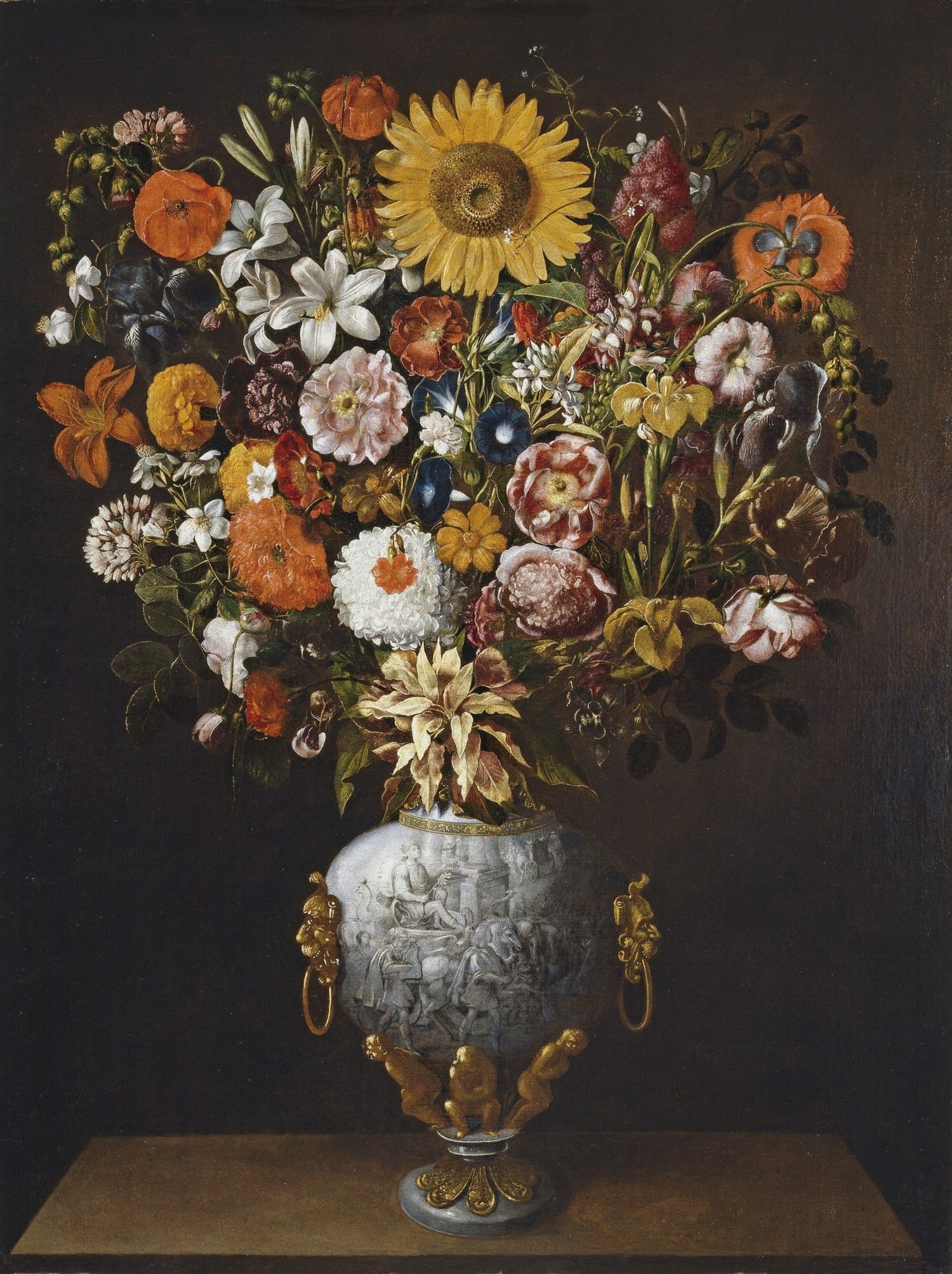Sunflower and Dutch Floral Bouquet in Ornate Vase – Floral Oil Painting - Oil Painting Haven