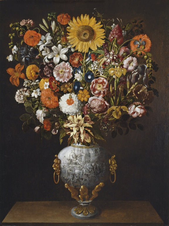 Sunflower and Dutch Floral Bouquet in Ornate Vase – Floral Oil Painting - Oil Painting Haven