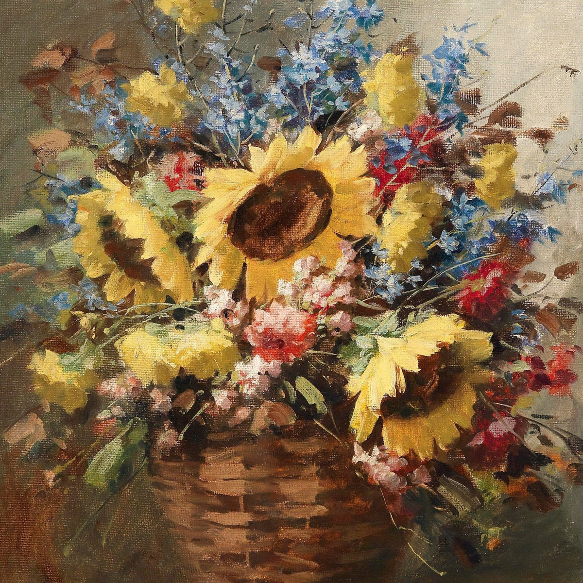 Sunflower Bouquet in Rustic Basket – Floral Oil Painting - Oil Painting Haven