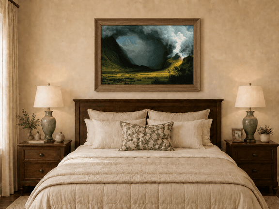 Framed hand-painted landscape oil painting with sunlight beneath dramatic storm clouds displayed above a wooden bed in a neutral bedroom.