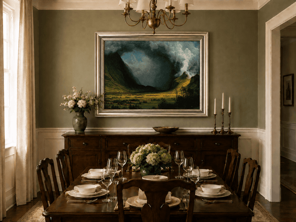 Framed hand-painted landscape oil painting with sunlight beneath dramatic storm clouds displayed above a formal dining table.