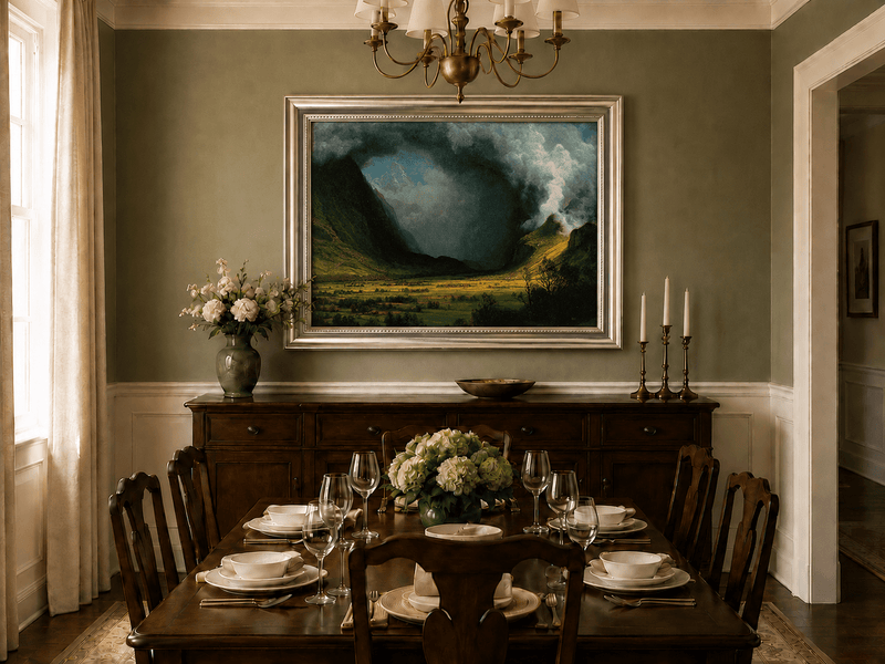 Framed hand-painted landscape oil painting with sunlight beneath dramatic storm clouds displayed above a formal dining table.