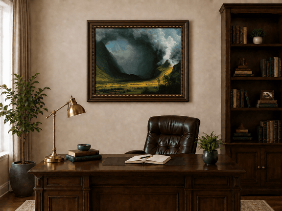 Framed hand-painted landscape oil painting with sunlight beneath dramatic storm clouds displayed above a traditional home office desk.