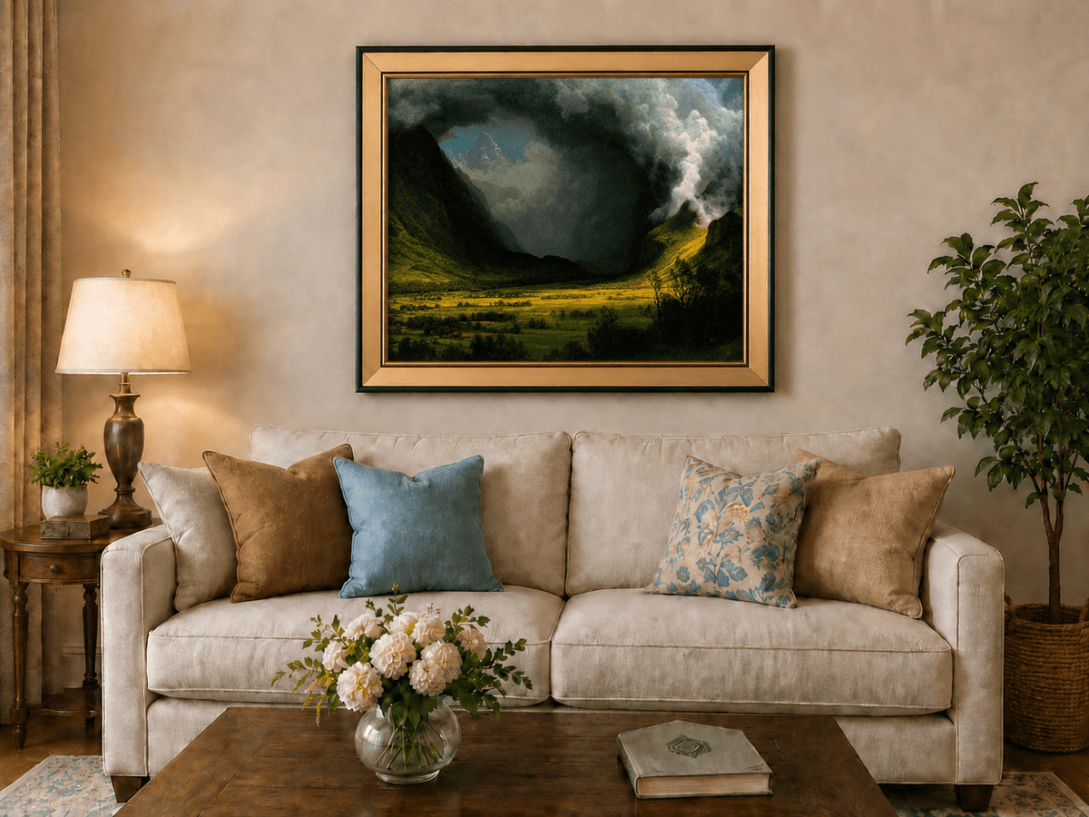 Framed hand-painted landscape oil painting with sunlight beneath dramatic storm clouds displayed above a neutral living room sofa.