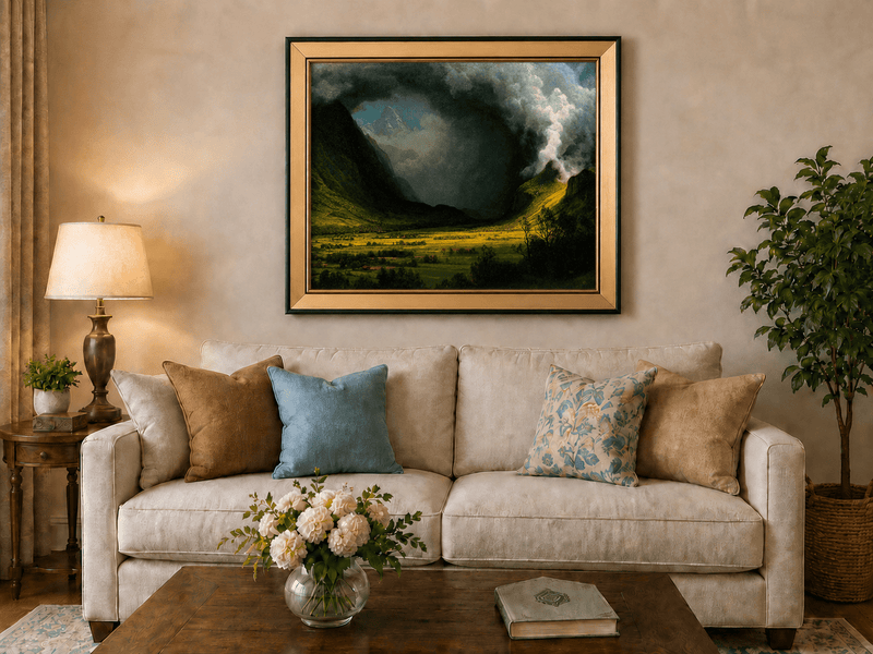 Framed hand-painted landscape oil painting with sunlight beneath dramatic storm clouds displayed above a neutral living room sofa.