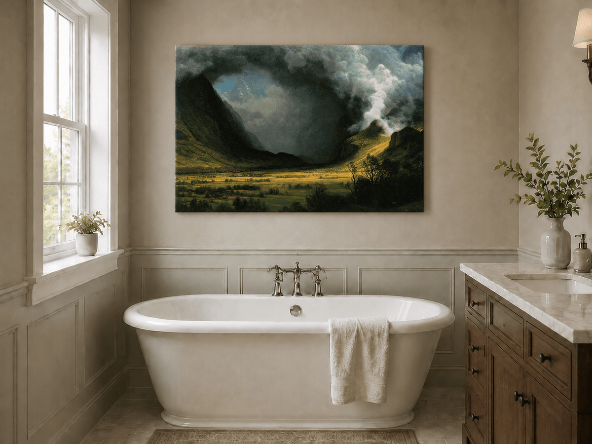 Unframed hand-painted landscape oil painting with sunlight beneath dramatic storm clouds displayed above a freestanding bathtub.