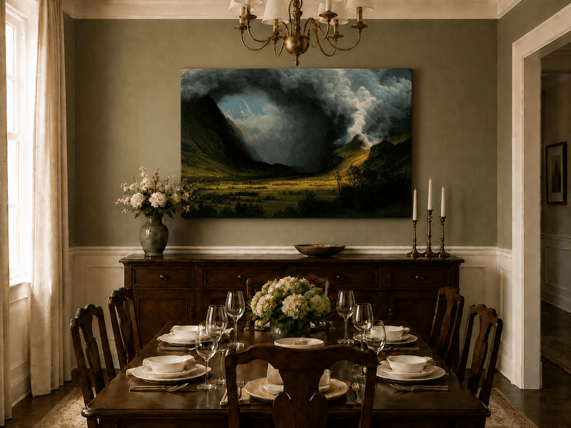 Unframed hand-painted landscape oil painting with sunlight beneath dramatic storm clouds displayed above a formal dining table.
