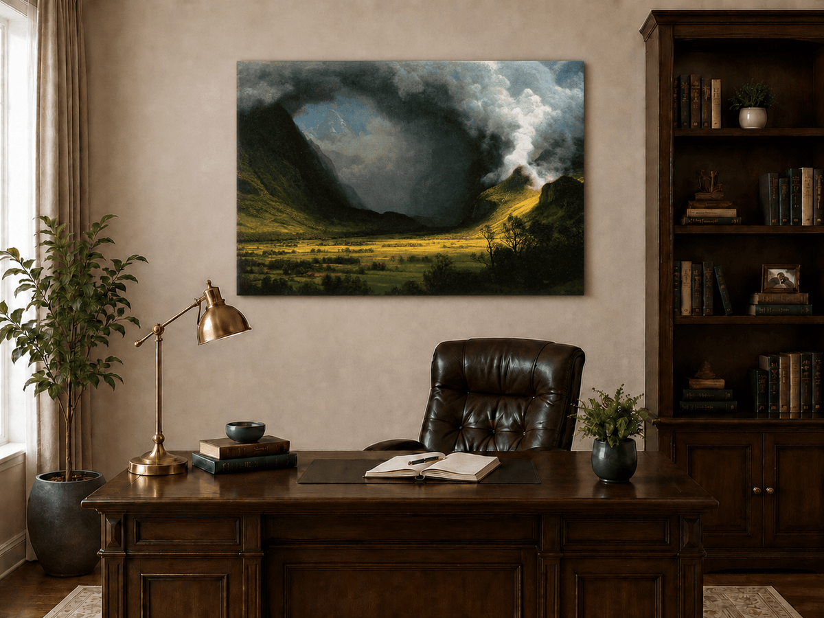 Unframed hand-painted landscape oil painting with sunlight beneath dramatic storm clouds displayed above a traditional home office desk.