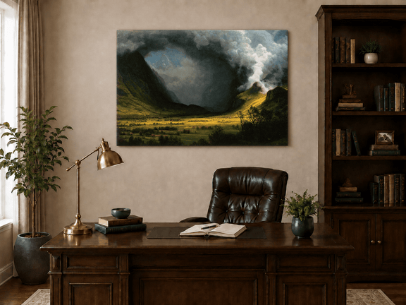 Unframed hand-painted landscape oil painting with sunlight beneath dramatic storm clouds displayed above a traditional home office desk.