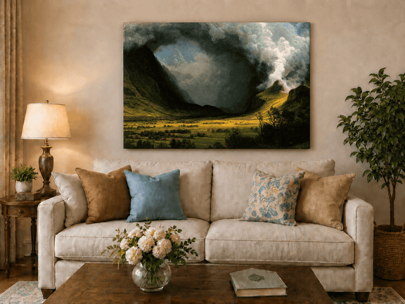 Unframed hand-painted landscape oil painting with sunlight beneath dramatic storm clouds displayed above a neutral living room sofa.