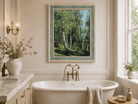 Framed hand-painted sunlit birch forest oil painting with a bright woodland clearing displayed above a freestanding bathtub.