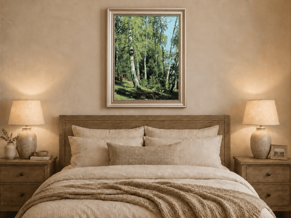 Framed hand-painted sunlit birch forest oil painting with a bright woodland clearing displayed above a wooden bed in a neutral bedroom.