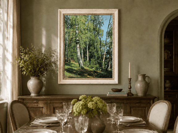 Framed hand-painted sunlit birch forest oil painting with a bright woodland clearing displayed above a formal dining table.