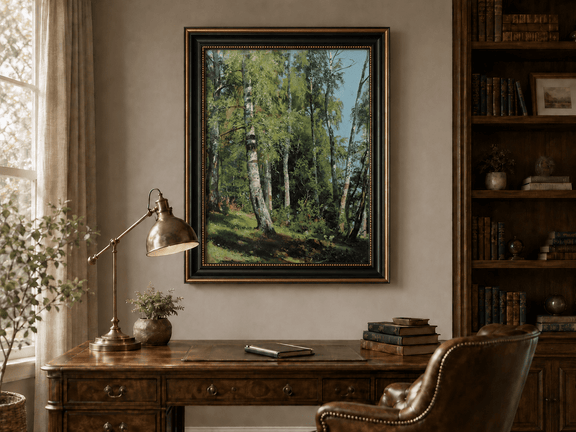 Framed hand-painted sunlit birch forest oil painting with a bright woodland clearing displayed above a traditional home office desk.