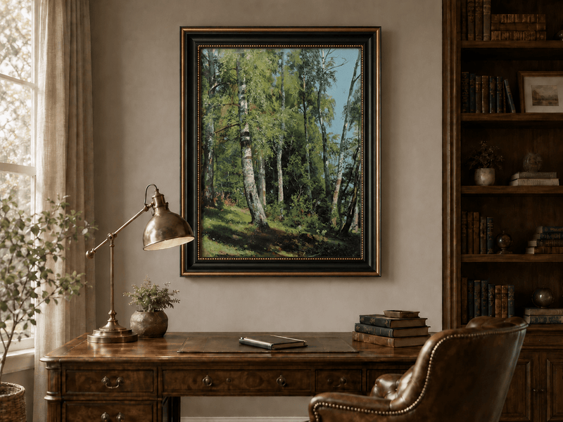 Framed hand-painted sunlit birch forest oil painting with a bright woodland clearing displayed above a traditional home office desk.