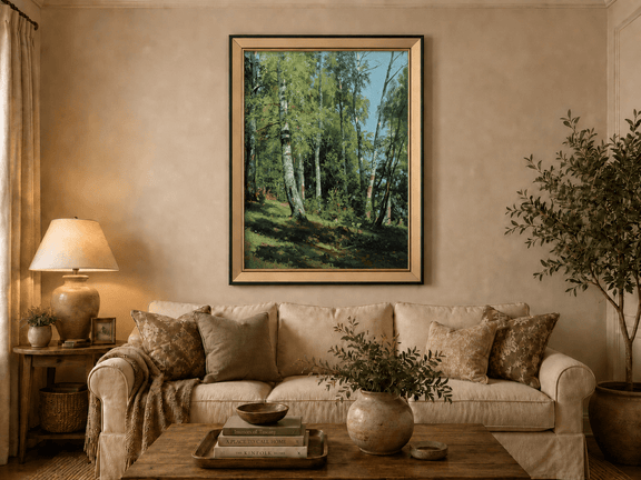 Framed hand-painted sunlit birch forest oil painting with a bright woodland clearing displayed above a neutral living room sofa.