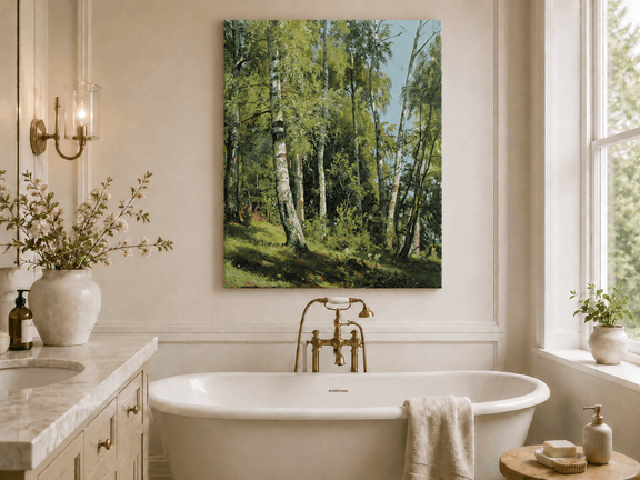 Unframed hand-painted sunlit birch forest oil painting with a bright woodland clearing displayed above a freestanding bathtub.